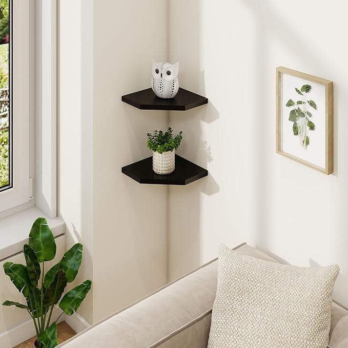 Fun Memories Corner Shelf Wall Mount, Solid Oak Wood Floating Corner Shelves with Cable Hole, 7in Rustic Design for Bedroom, Bathroom, Kitchen, Living Room (Black, 1 Pack)-NeatNest