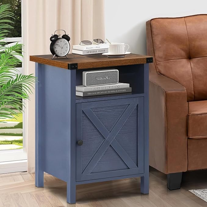 Catrimown Farmhouse Nightstand Set of 2 with Barn Door and Shelf, Side Table, Rustic End Table for Bedroom, Living Room, Navy Blue-NeatNest