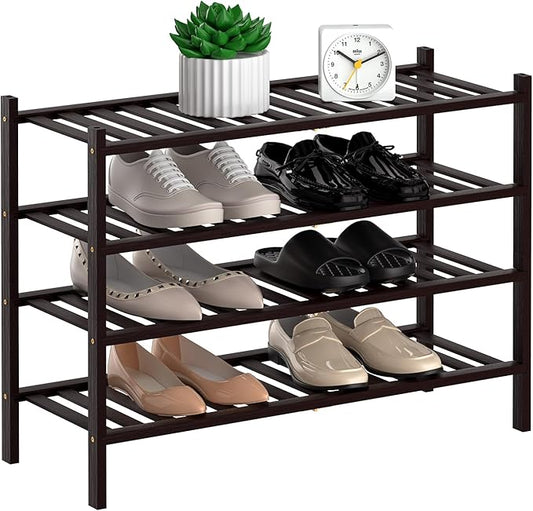 Shoe Rack, 4 Tier Bamboo Shoe Rack for Closet, Stackable Wooden Shoe Organizer, Free Standing Wood Shoe Shelf for Entryway Small Space, 27" x 11" x 28", Brown-NeatNest
