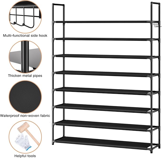 8 Tier Shoe Organizer, 33.3in Wide x 11.2in Deep x 55.7in Tall, Black Metal and Plastic Shoe Rack, Holds up to 32-40 Pairs of Shoes-NeatNest