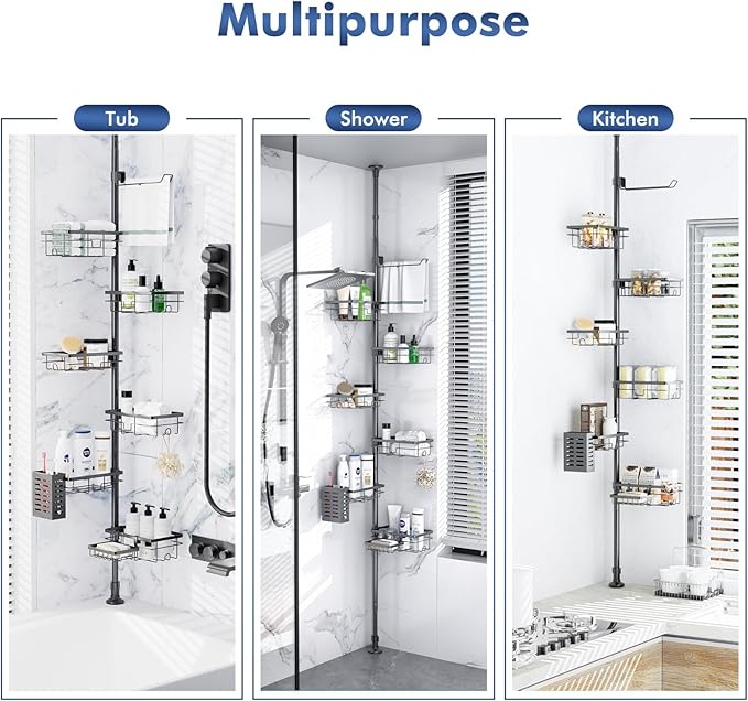 Shower Caddy Organizer Tension Pole, Rustproof 6-Pack Corner Shelf with 30-120 Inch Adjustable Shower Rack for Inside Shower, Extra Towel Bar & Soap Dish for Bathroom Organizers and Storage, Black