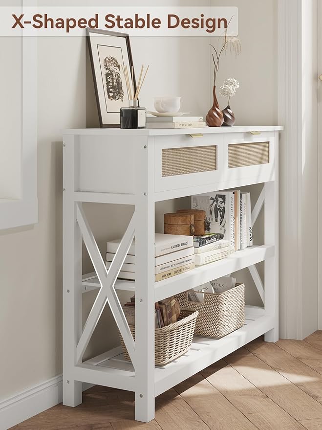 Console Table with 2 Rattan Drawers, Wooden Entryway Table with 3-Tier Storage Shelves, Display Shelf for Entryway, Hallway, Foyer and Living Room, White-NeatNest