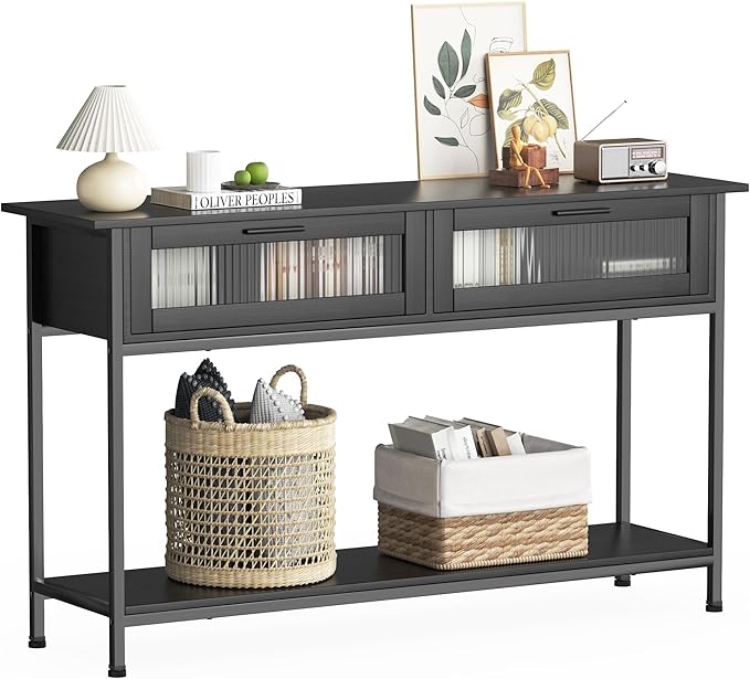 Aetheris 47" Console Table with 2 Drawers, 2 Tier Sofa Table with Storage,Entryway Table, Industrial Console Table for Entryway, Sofa Table Behind Couch for Living Room, Black-NeatNest