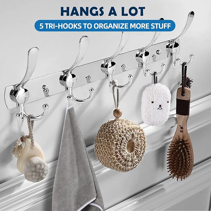 2 Pack Wall Mounted Three Prongs Coat Hooks - Thickened 304 Stainless Steel Coat Hooks, Anti-Sliding 5 Tri-Hooks Coat Rack Wall Mount,16 Inches Rustproof Coat Rack, Holding up to 44 lbs, Silver