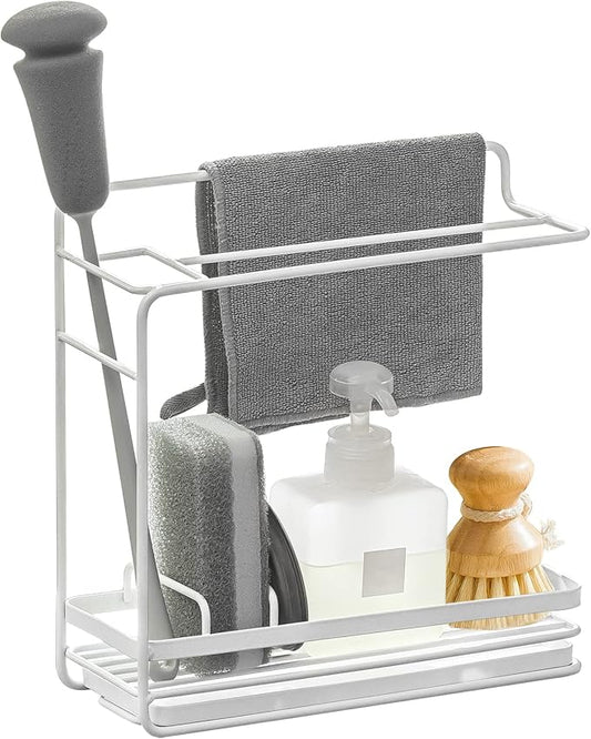 Poeland Sponge Holder with Drain Pan, Kitchen Sink Caddy Organizer for Sponge Brush Soap Dish Dishcloth Rack (Large Size)