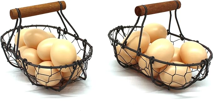CVHOMEDECO. Chicken Wire Egg Baskets Rust Gathering Baskets with Wooden Handle Country Vintage Style Storage Baskets. Set of 2 (Oval)
