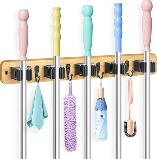 IMILLET Broom Holder Wall Mount, Bamboo Broom Hanger with 5 Racks 4 Hooks, Mop and Broom Holder Wall Mount Self Adhesive, Home Organization and Storage for Laundry Room, Closet, Utility Room (1 Pack)-NeatNest