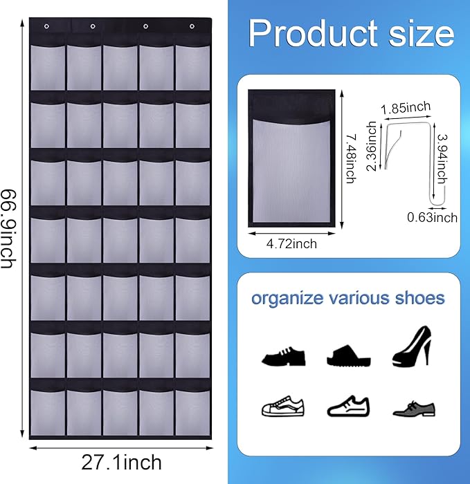 35Large Pockets Over The Door Shoe Organizer, Mesh Pockets Shoe Holder Rack, Capacity Shoe Hanging Storage，door shoe rack With 4 Metal Hook.-NeatNest