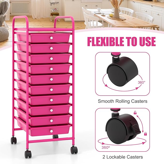 COSTWAY 10-Drawer Rolling Storage Cart, Utility Mobile Trolley with Removable Drawers & Universal Casters & 2 Brakes, Versatile Flexible Drawer Organizer Cart for Home, Office, Hot Pink-NeatNest