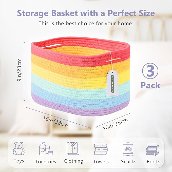 Cotton Rope Storage Basket, 15x10x9 Inches, Woven Basket for Shelves, Clothes, Toys, Towels, Books, and Laundry, Durable and Stylish, Rainbow (3 Pack)-NeatNest