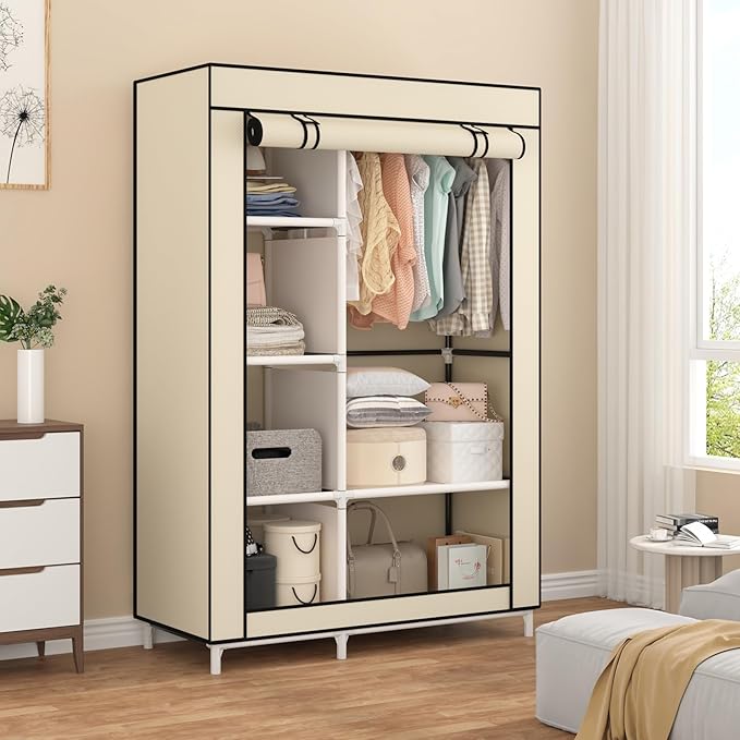 Calmootey Portable Closet Organizers, Clothing Storage, Wardrobe with 6 Shelves and Hanging Rod, Non-Woven Fabric Cover with 4 Side Pockets, Beige-NeatNest