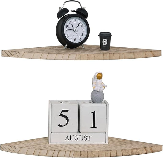 Corner Wall Shelves Set of 2, Rustic Wood Corner Floating Shelves with Cable Raceway, Wall Mount Storage Display for TV Accessories, Baby Monitor (Carbonized, Fan-shaped-10 Inch)-NeatNest