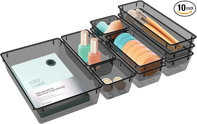 10 PCS Drawer Organizer Set, 4 Varied Size Bathroom and kitchen Drawer cabinet organizer Trays, Clear Storage Bins for Makeup, Jewelry, Utensils and Gadgets, Black-NeatNest