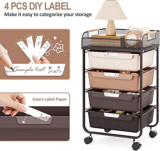 Rolling Cart with 4 Drawers,4 Tiers Rolling Utility Cart Craft Cart,Rolling Storage Drawer Cart with Mesh Top,Storage Cart with Drawers & 4 PCS DIY Lable, Brown