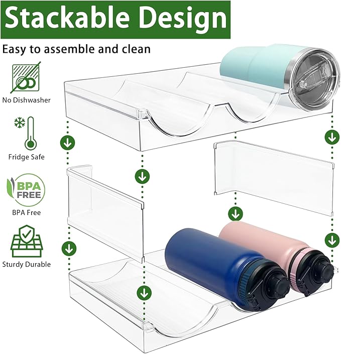2 Pack Water Bottle Organizer, Stackable Kitchen Pantry Storage Shelf, Plastic Water Bottle Holder for Cabinet and Fridge Organization-NeatNest