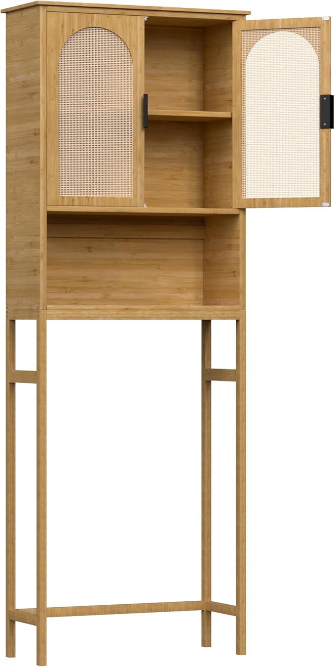 BlueWish Bathroom Organizers and Storage, Bamboo Over The Toilet Storage Cabinet with Inverted U-Shaped Door & Anti-Tip Device, Space Saver, Natural-NeatNest