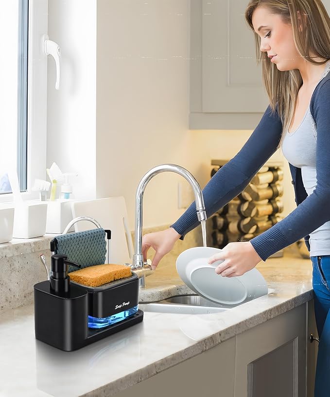 Hand and Dish Soap Dispenser Set with Tray, Dual Soap Dispenser with Sponge Holder and Dishcloth Holder 5-in-1 Organizer for Kitchen Sink Countertop Storage Organize - Useful Kitchen Gadgets (Black)-NeatNest
