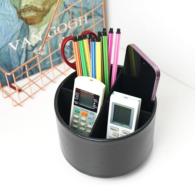 Hennaja Round Leather Art Supply Organizer,Remote Control Holder,360 Degree Spinning,Multi-Functional Pencil Holder,4 Compartments Desktop Stationary Organizer(1-Oil Black)-NeatNest