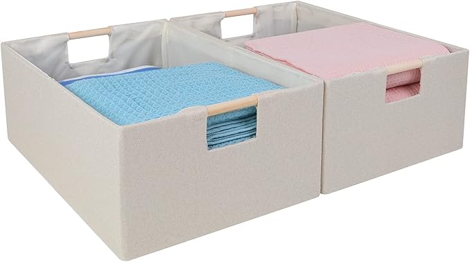 ANMINY 2PCS Storage Baskets for Organizing Collapsible Fabric Storage Bins Boxes with Wood Handles Closet Shelves Cube Organizer Bins Clothes Laundry Storage Container - Medium, Beige-NeatNest