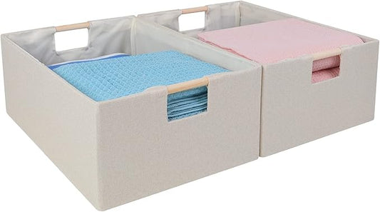 ANMINY 2PCS Storage Baskets for Organizing Collapsible Fabric Storage Bins Boxes with Wood Handles Closet Shelves Cube Organizer Bins Clothes Laundry Storage Container - Large, Beige-NeatNest