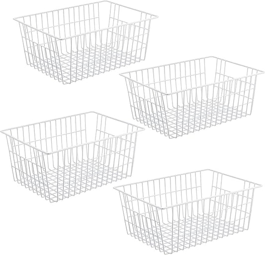 iPEGTOP Wire Storage Freezer Baskets, Set of 4 Large 15.4" Farmhouse Organizer Storage Bins Fridge Basket Rack with Handles for Kitchen Cabinets, Pantry, Office, Bathroom Organization - White