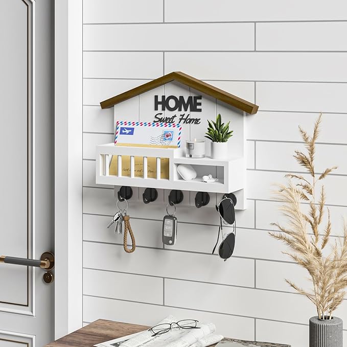Key and Mail Holder for Wall, Wall Key Holder with Shelf, Home Key Holder for Wall, Wood Key Holder Wall Mount, Mail Organizer Wall Mounted, Entryway & Front Door Key Holder with 5 Hooks(White)