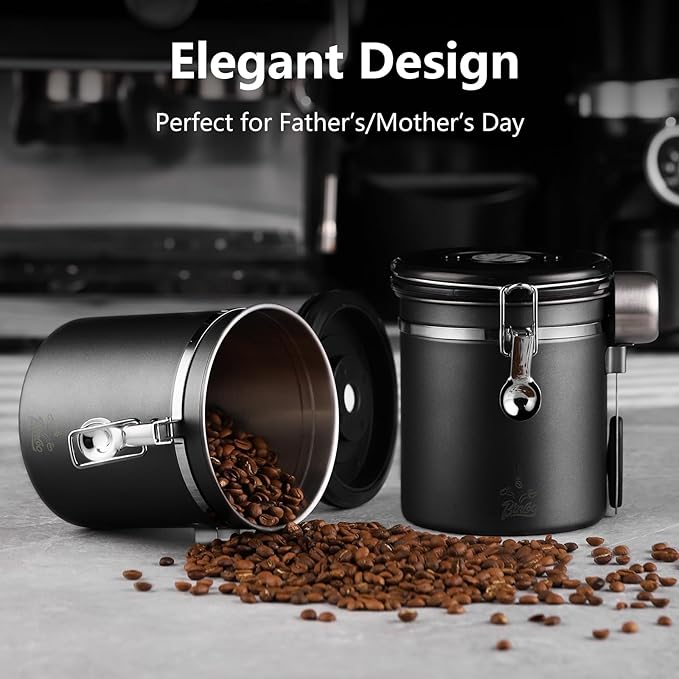 Airtight Coffee Container with CO2 Valve, Holds up to 1.5lb of Beans Stainless Steel Coffee Canister - One-Way Valve Keeps Beans Fresh, Lid, Date Tracker & Scoop, for Coffee Beans Grounds, Tea.