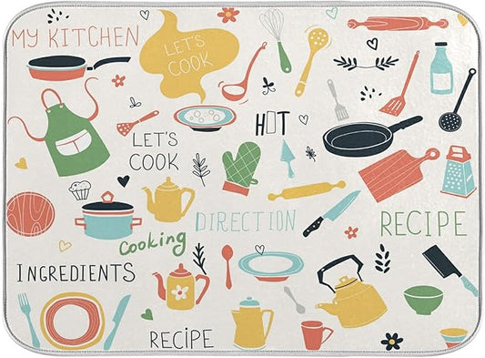 Dish Drying Mats for Kitchen Counter Kitchen Doodle Pattern Microfiber Dish Rack Mat Dry Mats for Dishes Large 24 x 18 Inches
