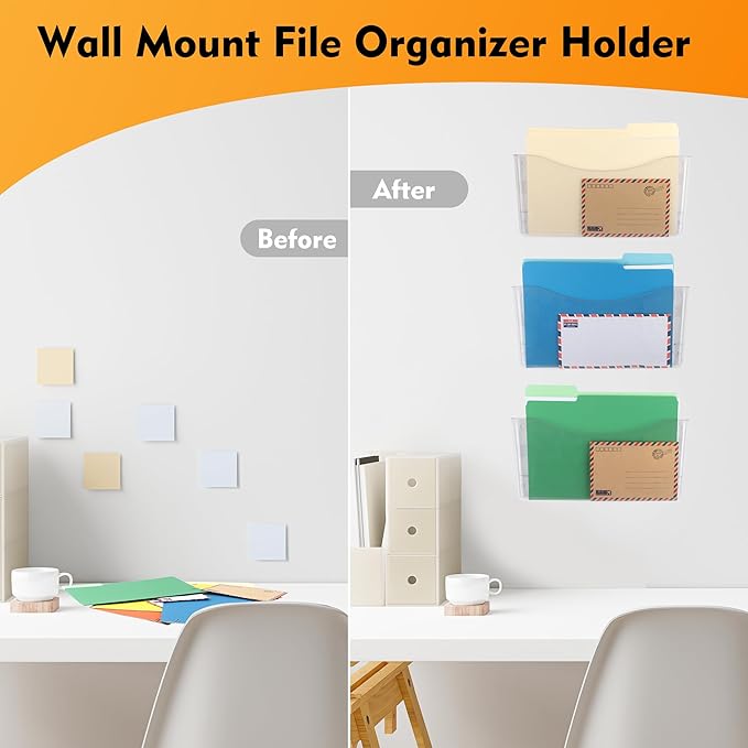 COSYAWN 3 Pack Clear Single Pocket Wall Mounted File Organizer, Plastic Hanging Wall File Holder, Clear Wall Mail Magazines Folder Organizer for School Home and Office-NeatNest