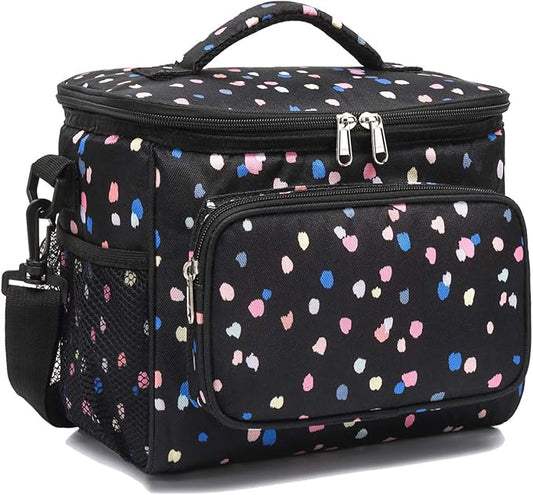 FlowFly Insulated Reusable Lunch Bag Adult Large Lunch Box for Women and Men with Adjustable Shoulder Strap,Front Zipper Pocket and Dual Large Mesh Side Pockets,BlackFlower-NeatNest