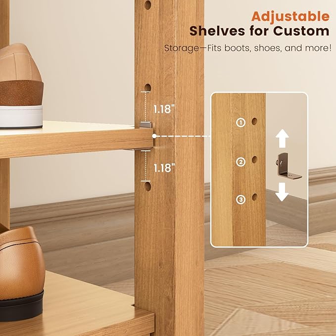 Shoe Rack Bench Seat Rubberwood 3-Tier Wooden Storage Bench 550lbs Compact Mid-Century Modern Design for Entryway, Hallway, Closet, Front Door Entrance, Foyer
