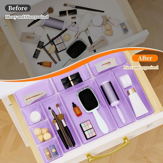 32 PCS Clear Plastic Drawer Organizer Set, 4-Size vanity organizer Trays and Storage Bins for Makeup, Jewelry and Gadgets in Bedroom, Bathroom and Office, Clear Purple-NeatNest