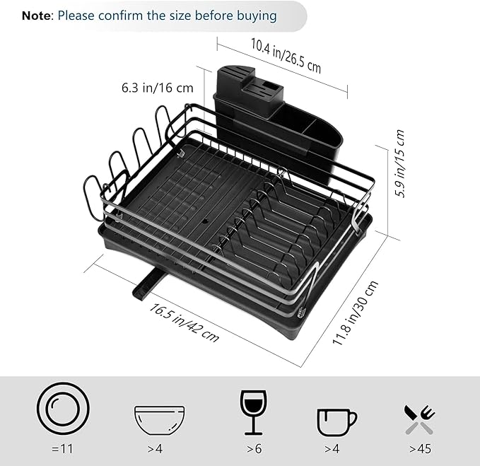 Dish Rack with Drain Board, Rustproof Dish Drying Rack for Kitchen Counter with Removable Utensils Holder, Dish Drainer with 360 Degree Swivel Spout