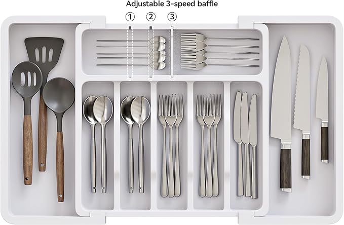 2 Pack Silverware Organizer, Expandable and Adjustable Kitchen Utensil Drawer Organizer, Plastic Cutlery Holder with Multiple Compartments,Cutlery Holder,for Spoons Forks Knives,White,UAFD012W-NeatNest