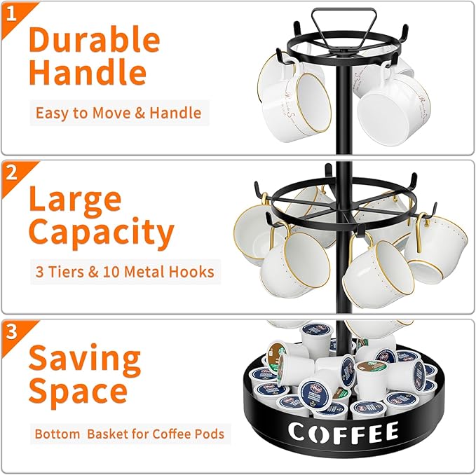 Coffee Mug Holder - Metal Mug Tree Rotatable Mug Rack, 3 Tier Coffee Cup Holder with 10 Adjustable Hooks for Bar Kitchen Counter, with Storage Base for Pods, Sugar Bags-NeatNest