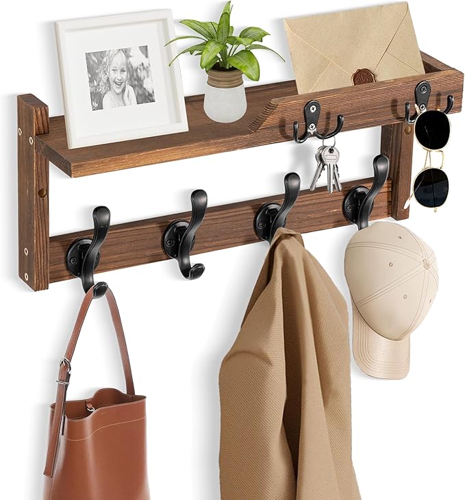 Coat Rack Wall Mount with Shelf, Coat Hanger Wall Mount with Key Hooks and Mail Holder, Wood Entryway Floating Shelf with Hooks and Storage, Hat Rack for Wall Key Holder Mail Organizer-NeatNest