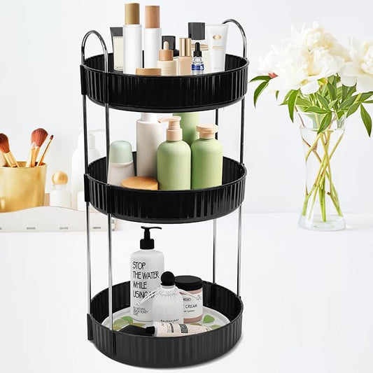 Rotating Makeup Organizer Countertop 3 Tier Lazy Susan Trays Spinning Skincare Perfume Storage for Bathroom Counter Vanity, Black-NeatNest