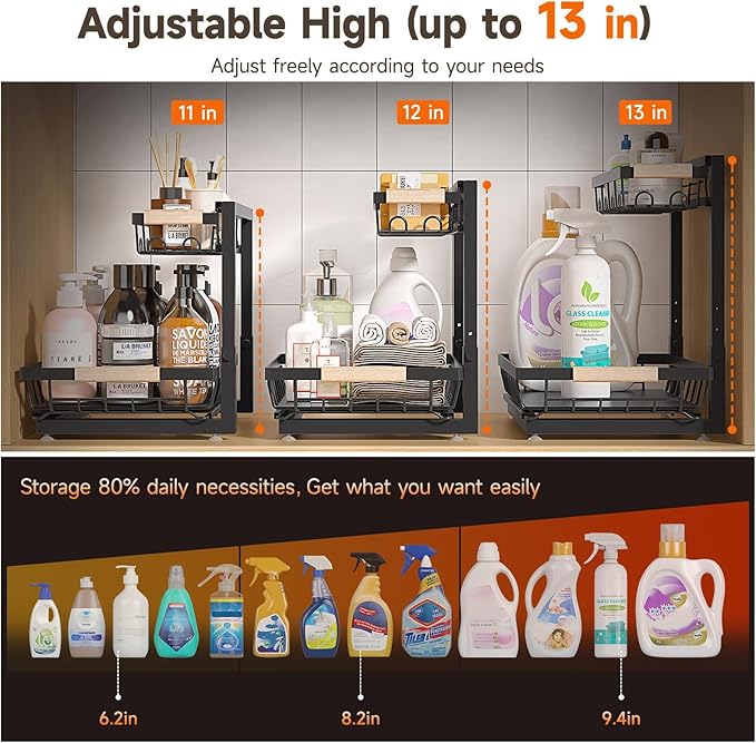 2 Packs Under Sink Organizer, High Adjustable 2 Tier Under Kitchen sink organizer, Multi-Purpose Storage Shelf for Kitchen Bathroom Cabinet, Black (Black)-NeatNest