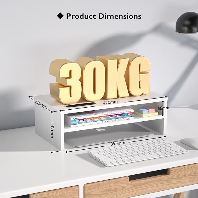 BONTEC Wooden Monitor Stand Riser, 2-Tier Desk Shelf with Storage Organizer, Ergonomic Computer Stand with Cable Management, Cellphone Holder, White, 16.5 Inch-NeatNest