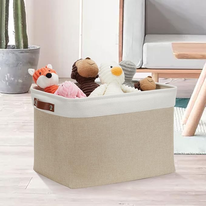 DULLEMELO Storage Baskets Large 16"x12"x12" Tall Rectangular Baskets Fabric Storage Bins for Organizing [1 Pack] Collapsible Linen Shelf Baskets for Clothes, Toys, Closet, Laundry (White&Khaki)-NeatNest