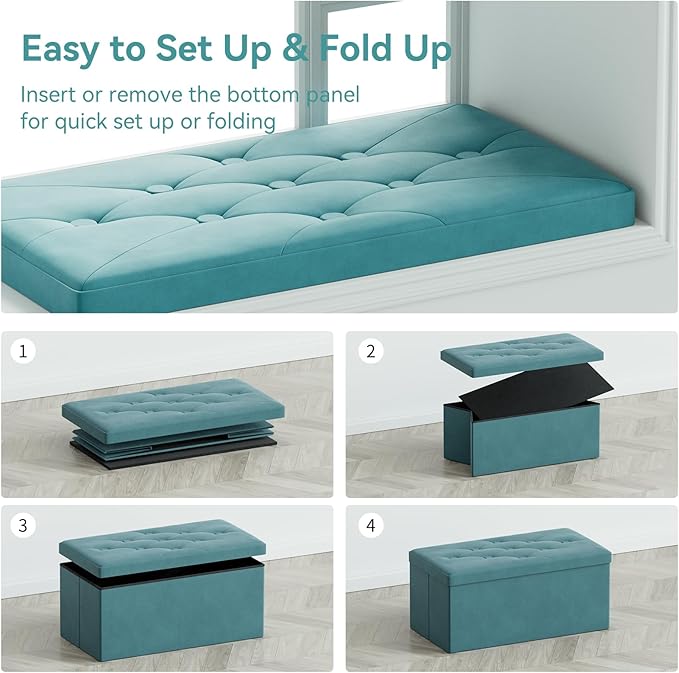 BRIAN & DANY Folding Storage Ottoman Bench, Ottoman with Storage, Foot Rest, Benches Seat for Bedroom, Living Room, Entryway, Long Shoes Bench, 15.7" x 31.5" x 15.7" Teal-NeatNest
