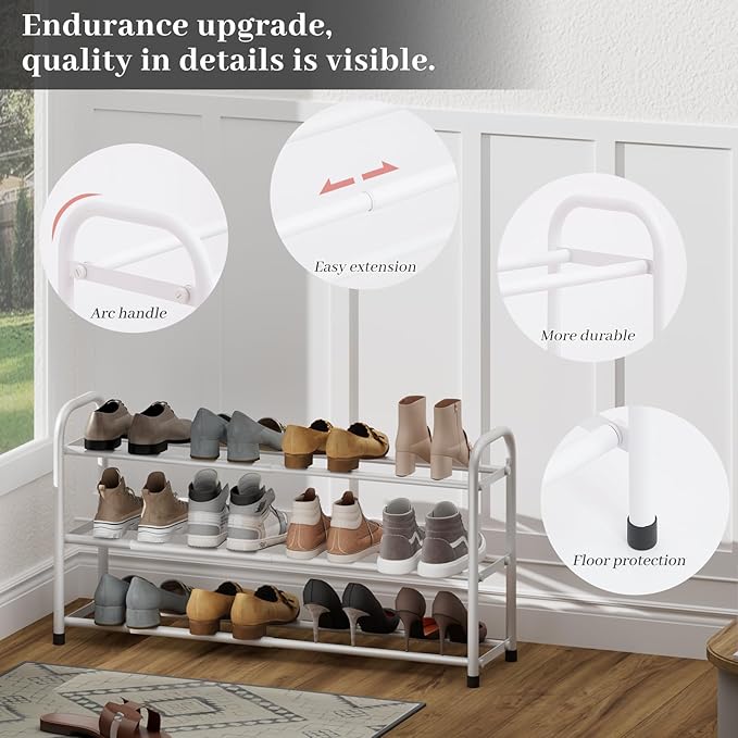 Expandable Shoe Rack, Adjustable Shoes Organizer Metal, Space-Saving Storage Shelf for Closet, Entryway, Front Door & Hallway,Sturdy and Easy Assembly (White, 3-Tier)