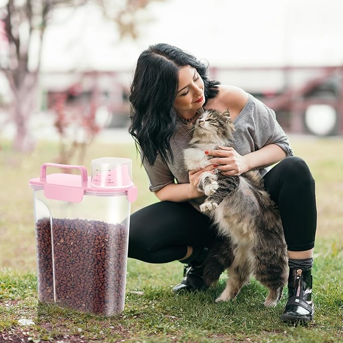 5-7Lbs Dog Cat Food Storage Container with Upgraded Large Nozzle BPA-free, 4 Snap Seals Plastic Pet Food Storage Containers with Handles (2, Light Pink, 5L)-NeatNest