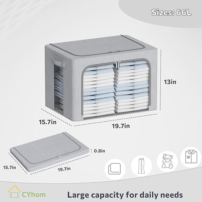 Clothes Storage Bins Box - Foldable Stackable Container Organizer Set with Clear Window & Carry Handles & Metal Frame - 2Pack Large Capacity for Bedding, Blankets, Books-NeatNest
