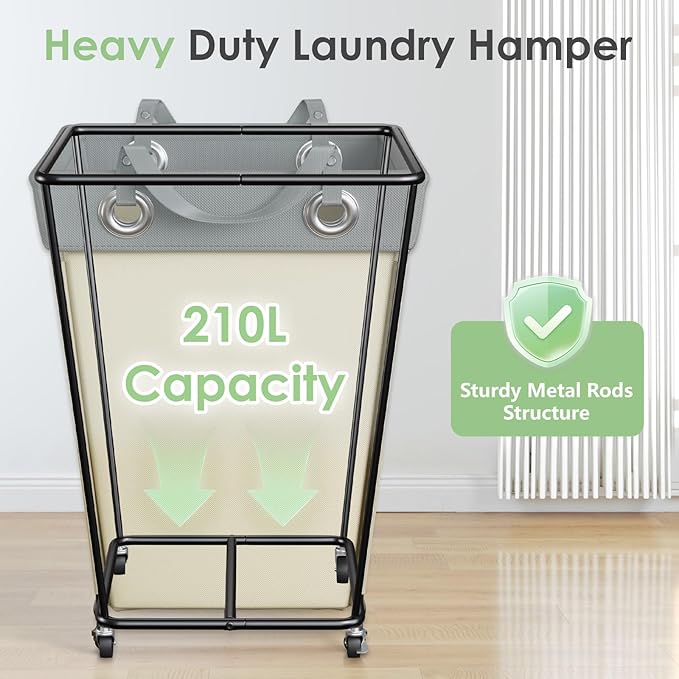 Laundry Hamper with Wheels 210L Large Capacity Hamper Rolling Laundry Basket Extra Large Laundry Cart for Easy Transport Storage Basket Ideal for Dorm Laundry Room Bathroom Beige