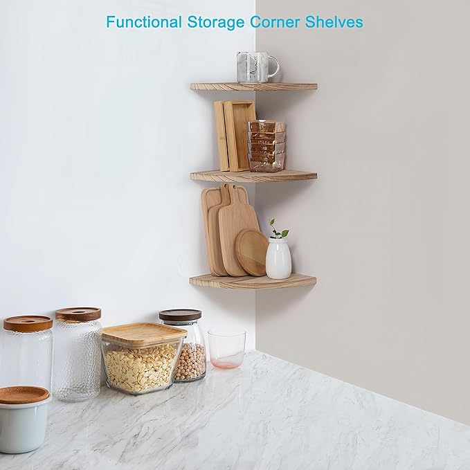 Corner Wall Shelves, Wood Corner Floating Shelves with Cable raceway, Wall Mount Storage Display for TV Accessories, Monitor, Speaker, Cable Box, Game Console (Carbonized, Fan-Shaped- 10 Inch)-NeatNest