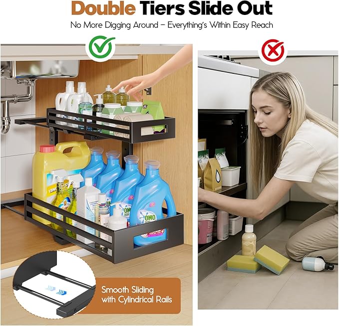 2-Pack 17"Deep Under Sink Organizer And Storage, 2-Tier L-Shaped Pull Out Cabinet Organizer with Upgraded Slide Rails, Height Adjustable Drawers for Kitchen&Bathroom, Extra-Large Storage Shelves–Black-NeatNest