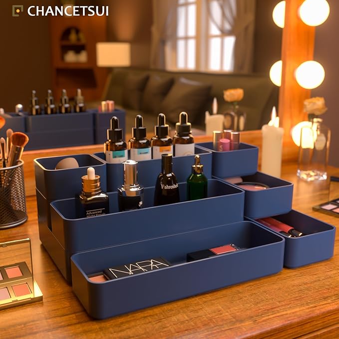 9 Pcs Stackable Drawer Organizer Trays Set, Multifunctional Stackable Storage Trays for Vanity, Bathroom, Kitchen, Desk Drawer Organizer Office. Plastic Drawer Organizers Available In 5 Colours, Blue-NeatNest