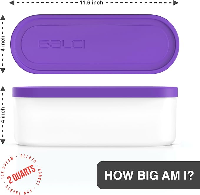 BALCI - Ice Cream Container - 2 Quart - Perfect Reusable Freezer Storage for Homemade Ice Cream Tubs for Sorbet, Frozen Yogurt and Gelato! - Flexible Silicone Lids, Long Scoop, Stackable - Purple