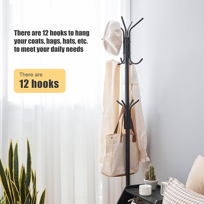 Coat Rack Freestanding,hat and coat rack stand for entryway,Living Room,Bedroom,Metal coat tree with12 Hooks and 3 Legs (Black)-NeatNest